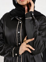 Satin Button Down Shirt in black or beige, a chic and versatile modest blouse for elegant everyday wear