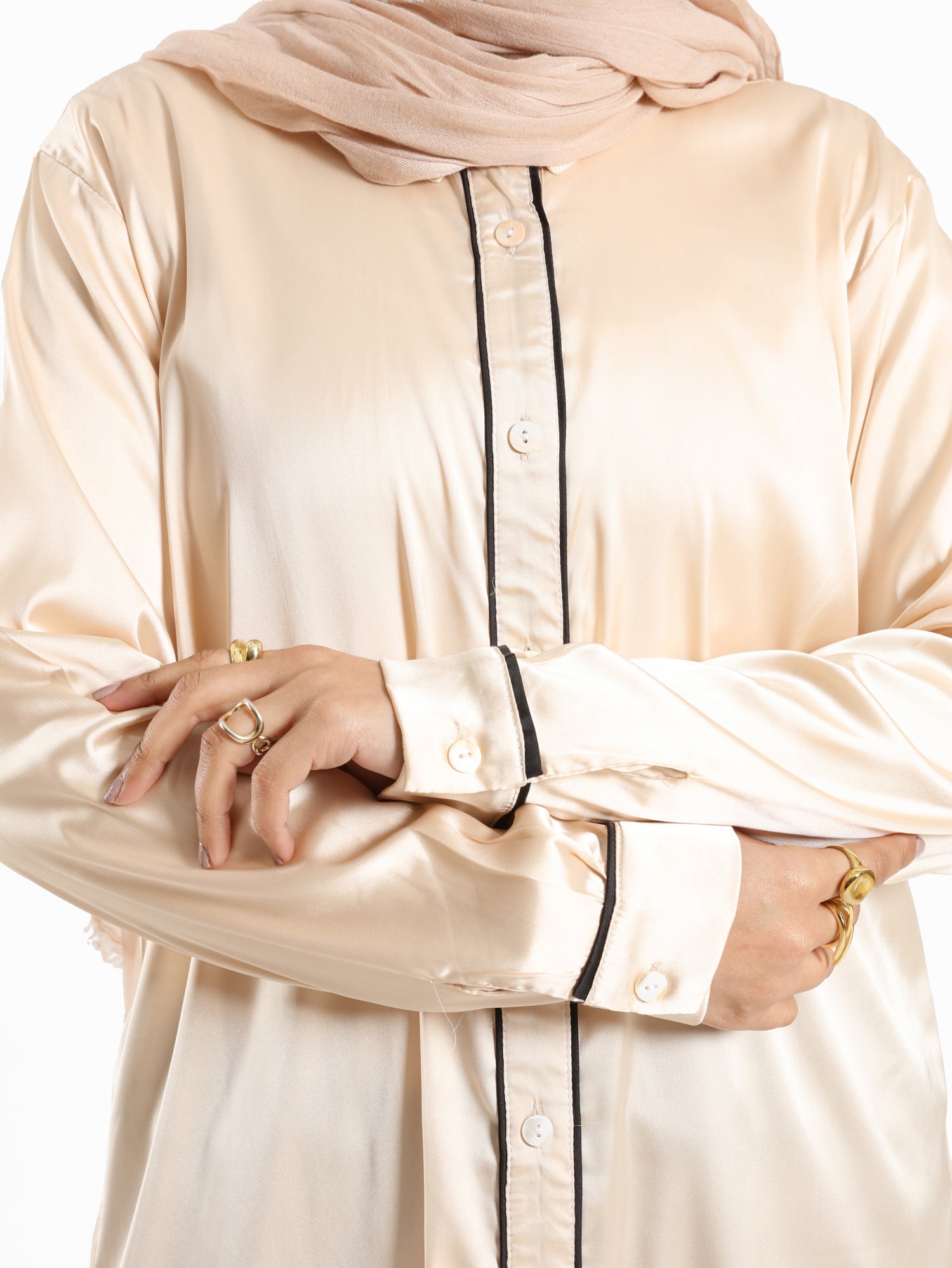 Satin Button Down Shirt in black or beige, a chic and versatile modest blouse for elegant everyday wear