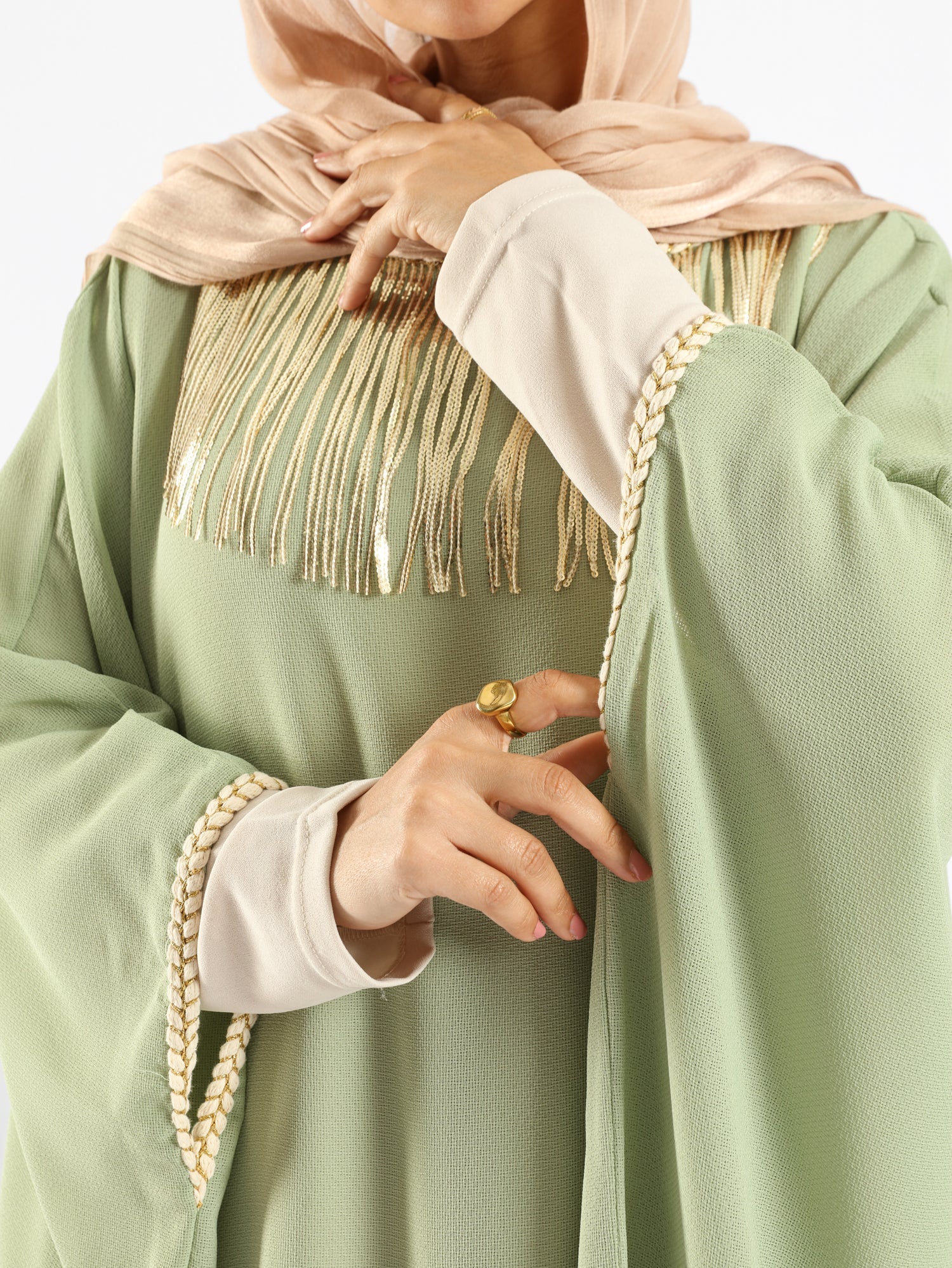 Shimmering Nights Kaftan in elegant polyester with refined detailing, tailored for graceful evenings and festive modest wear