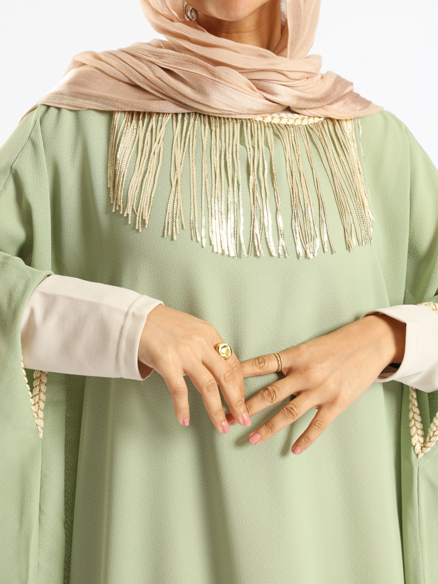Shimmering Nights Kaftan in elegant polyester with refined detailing, tailored for graceful evenings and festive modest wear