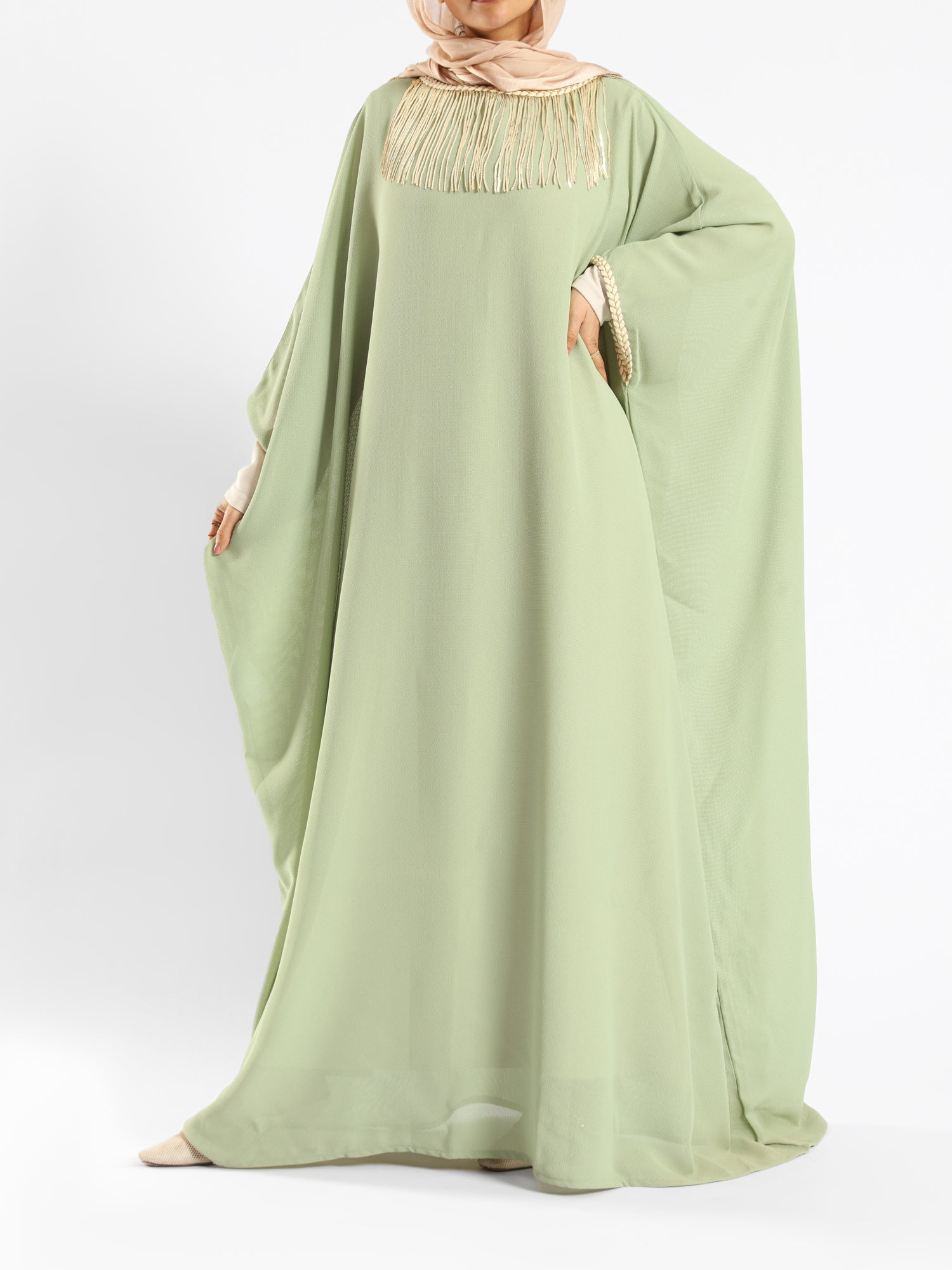Shimmering Nights Kaftan in elegant polyester with refined detailing, tailored for graceful evenings and festive modest wear