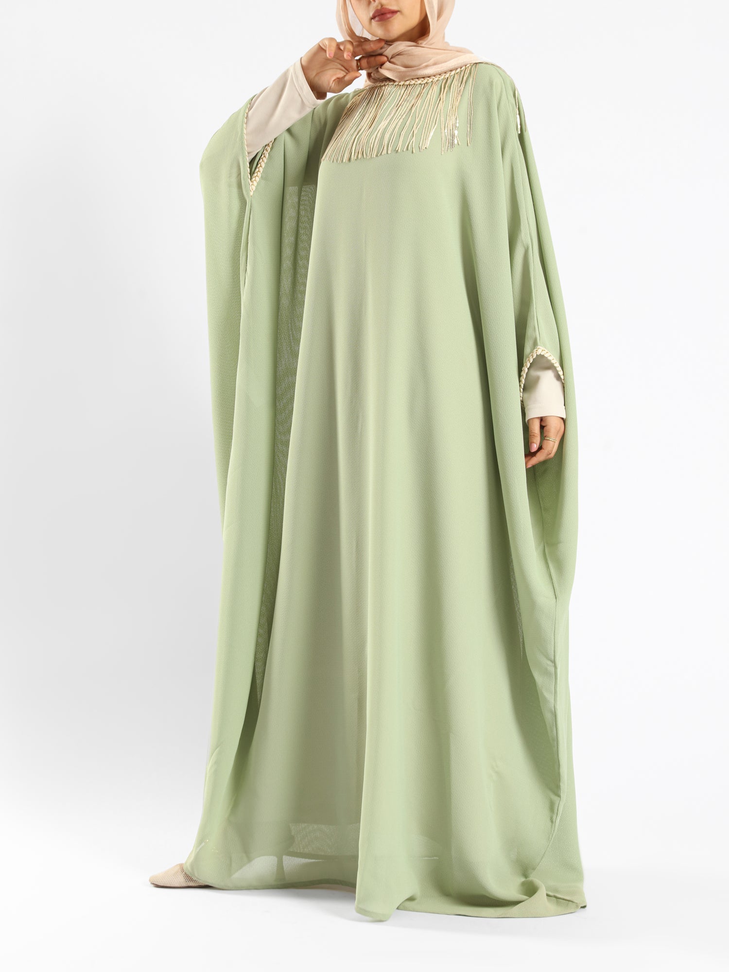 Shimmering Nights Kaftan in elegant polyester with refined detailing, tailored for graceful evenings and festive modest wear