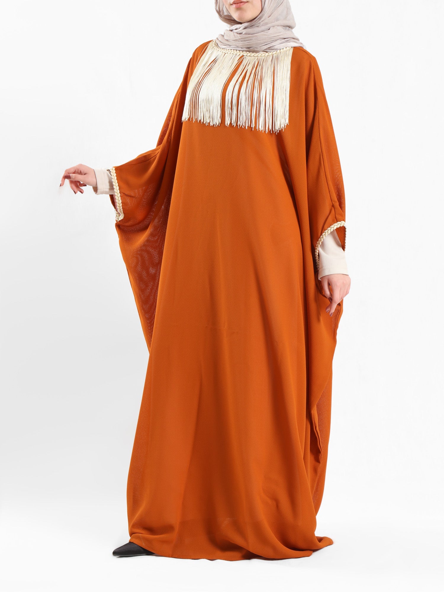 Shimmering Nights Kaftan in elegant polyester with refined detailing, tailored for graceful evenings and festive modest wear