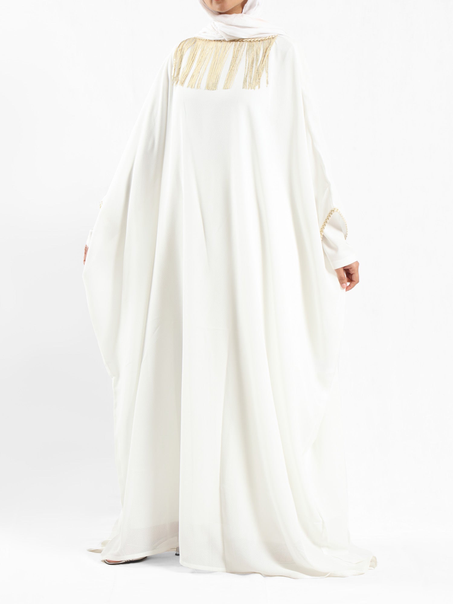 Shimmering Nights Kaftan in elegant polyester with refined detailing, tailored for graceful evenings and festive modest wear