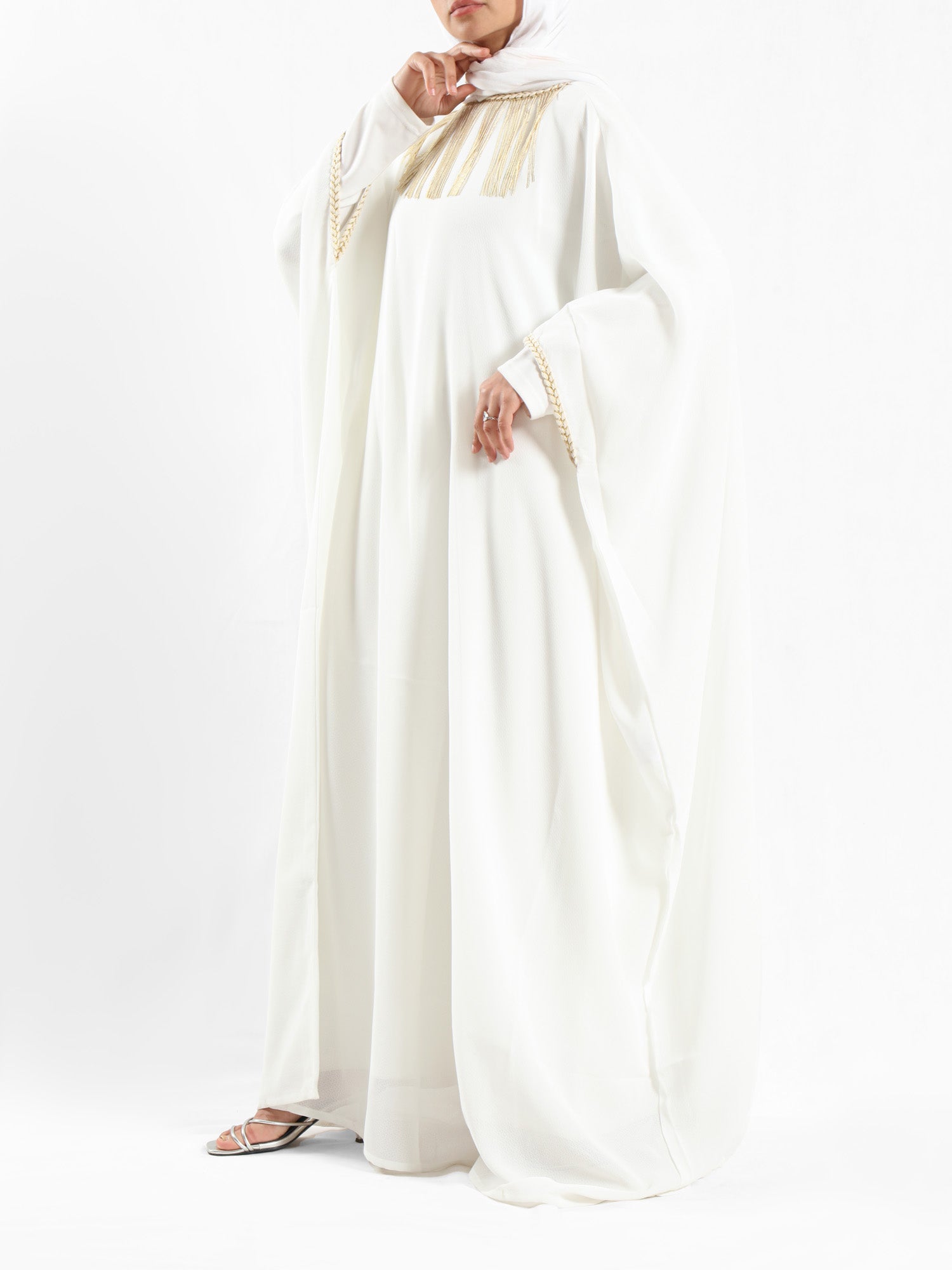 Shimmering Nights Kaftan in elegant polyester with refined detailing, tailored for graceful evenings and festive modest wear