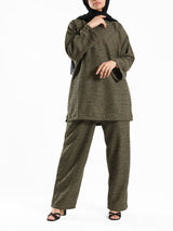 Shiny Tweed Set in cozy mustard or olive tweed, a stylish and comfortable modest outfit for casual winter wear