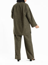 Shiny Tweed Set in cozy mustard or olive tweed, a stylish and comfortable modest outfit for casual winter wear