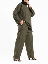 Shiny Tweed Set in cozy mustard or olive tweed, a stylish and comfortable modest outfit for casual winter wear