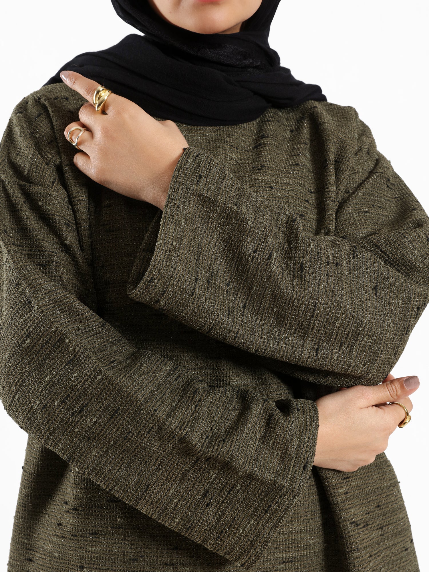 Shiny Tweed Set in cozy mustard or olive tweed, a stylish and comfortable modest outfit for casual winter wear