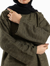 Shiny Tweed Set in cozy mustard or olive tweed, a stylish and comfortable modest outfit for casual winter wear