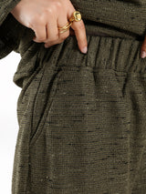 Shiny Tweed Set in cozy mustard or olive tweed, a stylish and comfortable modest outfit for casual winter wear