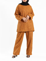 Shiny Tweed Set in cozy mustard or olive tweed, a stylish and comfortable modest outfit for casual winter wear