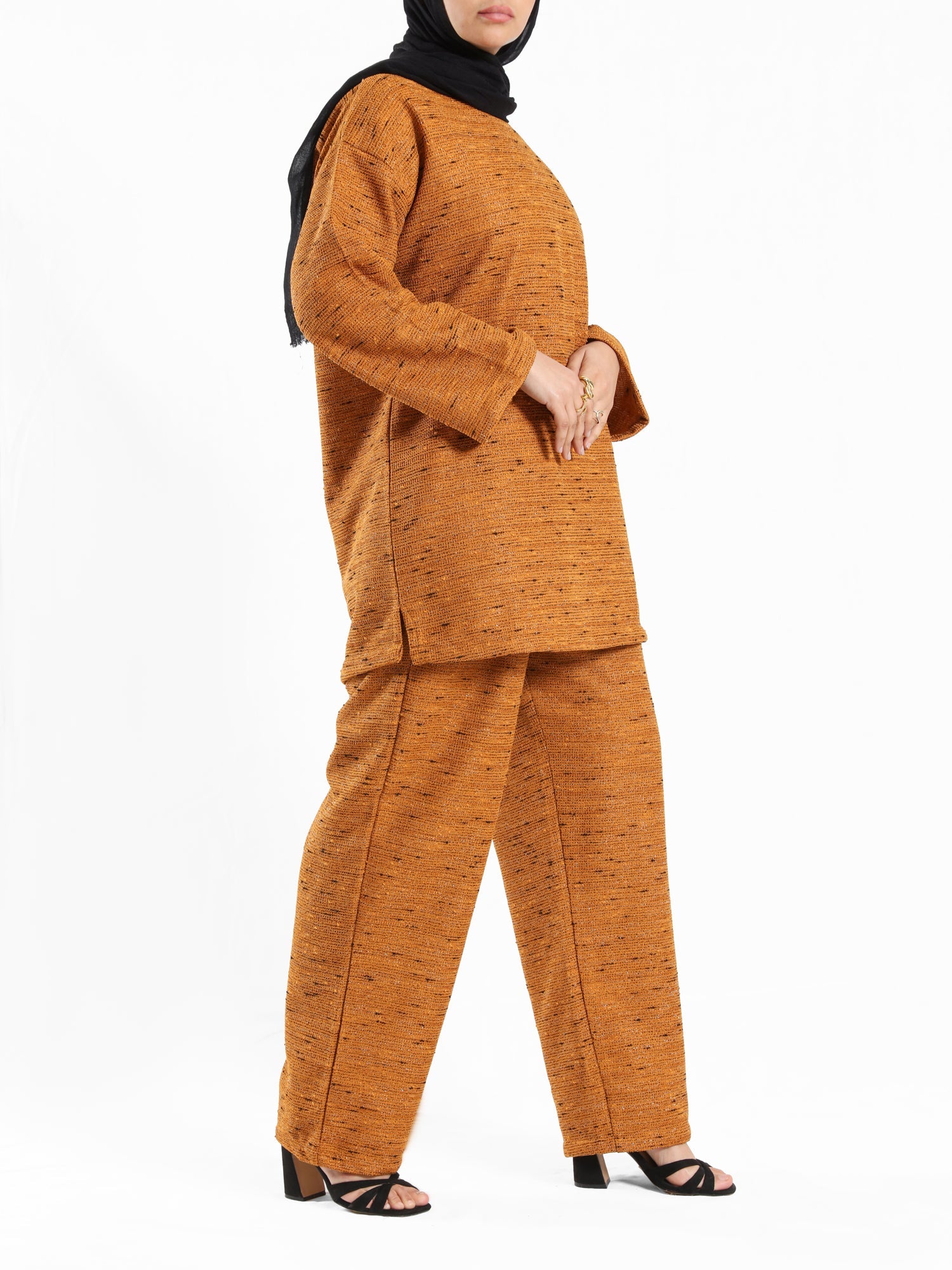 Shiny Tweed Set in cozy mustard or olive tweed, a stylish and comfortable modest outfit for casual winter wear