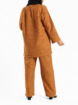 Shiny Tweed Set in cozy mustard or olive tweed, a stylish and comfortable modest outfit for casual winter wear