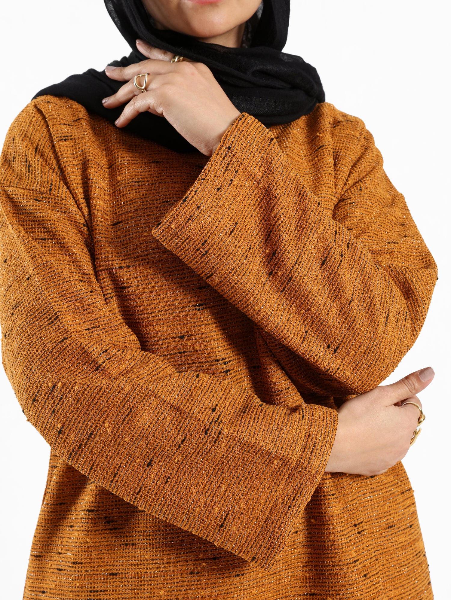 Shiny Tweed Set in cozy mustard or olive tweed, a stylish and comfortable modest outfit for casual winter wear