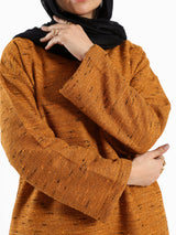 Shiny Tweed Set in cozy mustard or olive tweed, a stylish and comfortable modest outfit for casual winter wear