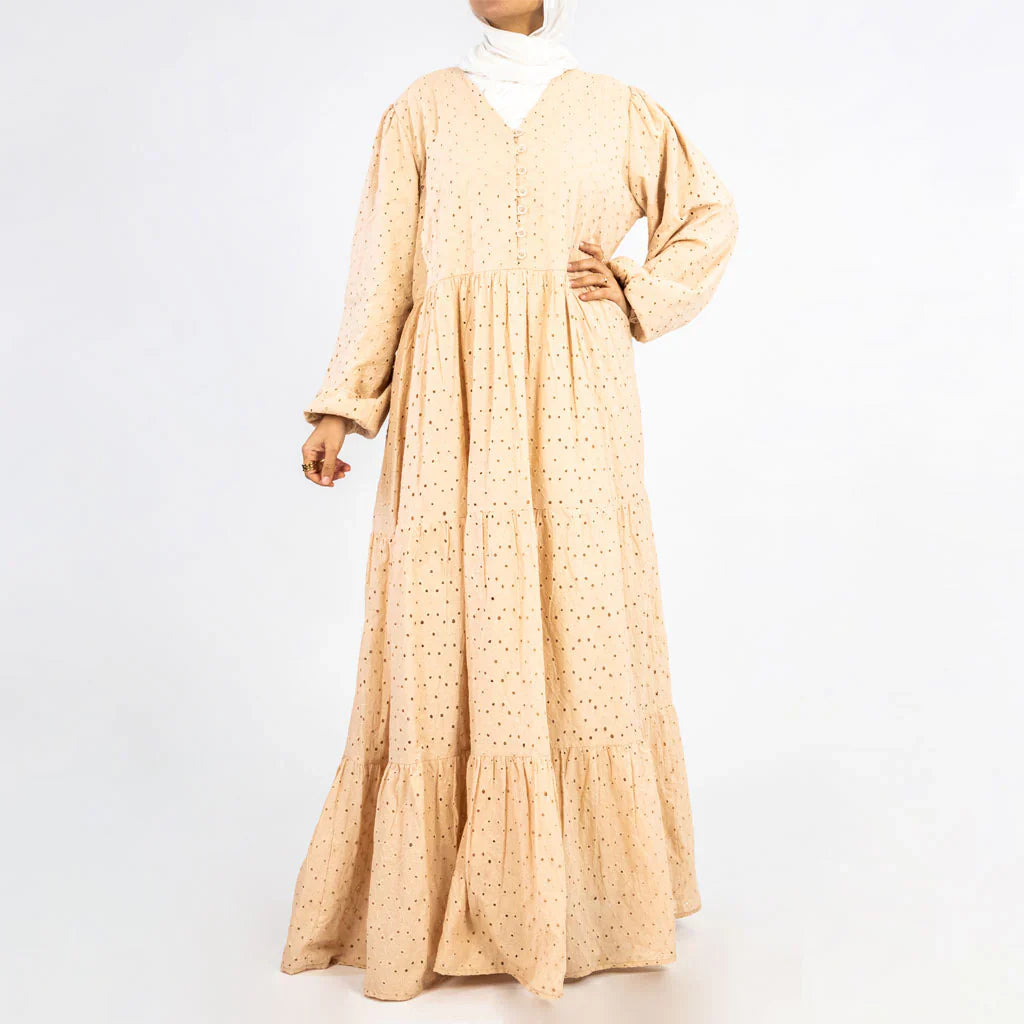 Summer Confetti Dress in 100% rokama cotton with soft underskirt and delicate dotted blooms—modest elegance in beige, pink, white, or yellow for Eid and warm-weather joy