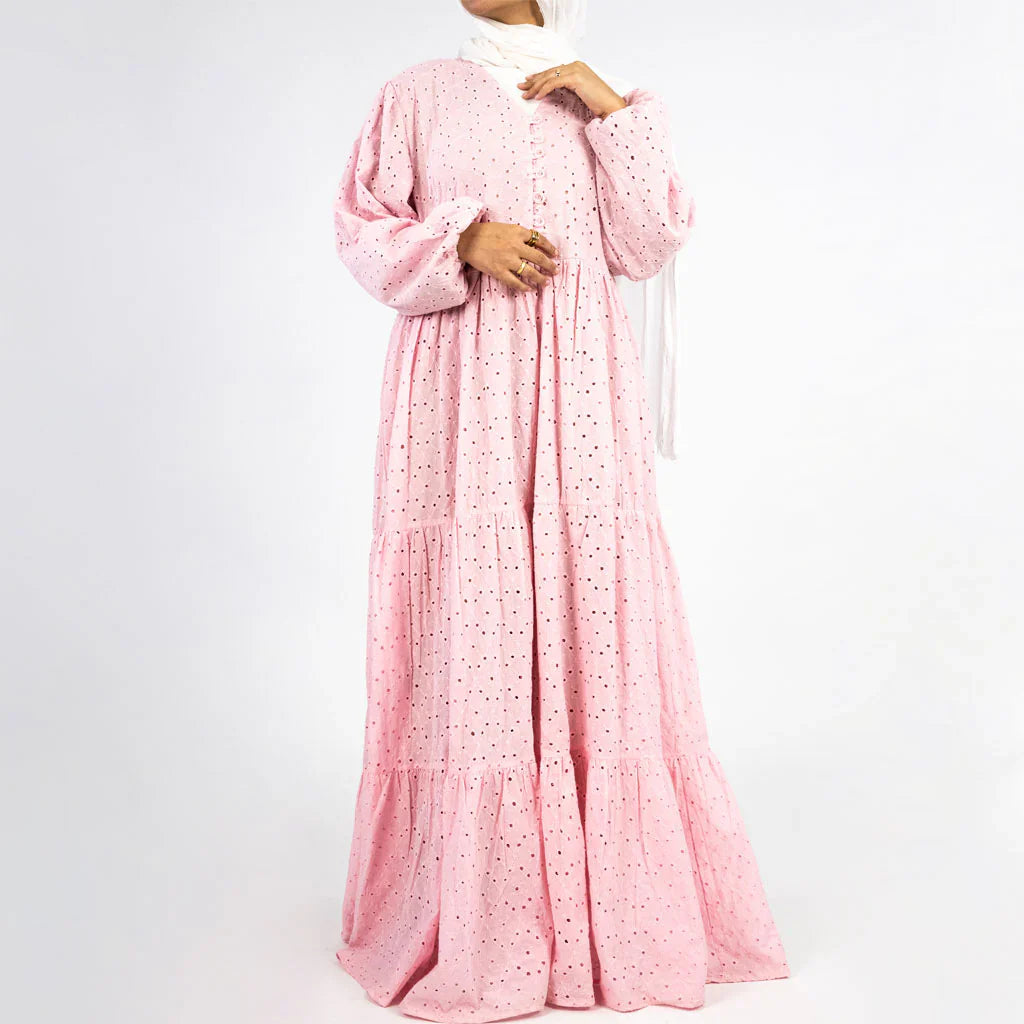 Summer Confetti Dress in 100% rokama cotton with soft underskirt and delicate dotted blooms—modest elegance in beige, pink, white, or yellow for Eid and warm-weather joy