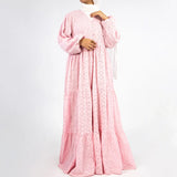 Summer Confetti Dress in 100% rokama cotton with soft underskirt and delicate dotted blooms—modest elegance in beige, pink, white, or yellow for Eid and warm-weather joy