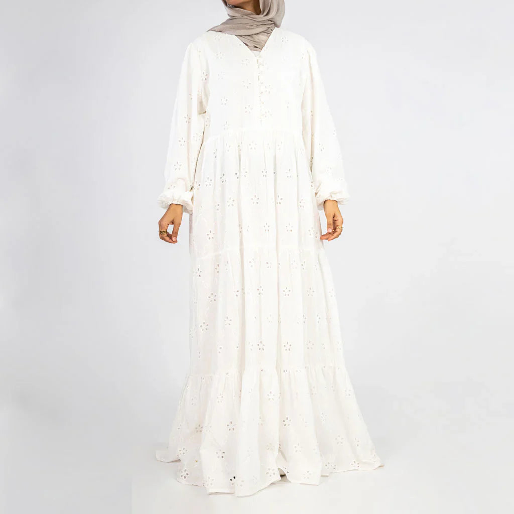 Summer Confetti Dress in 100% rokama cotton with soft underskirt and delicate dotted blooms—modest elegance in beige, pink, white, or yellow for Eid and warm-weather joy