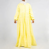 Summer Confetti Dress in 100% rokama cotton with soft underskirt and delicate dotted blooms—modest elegance in beige, pink, white, or yellow for Eid and warm-weather joy