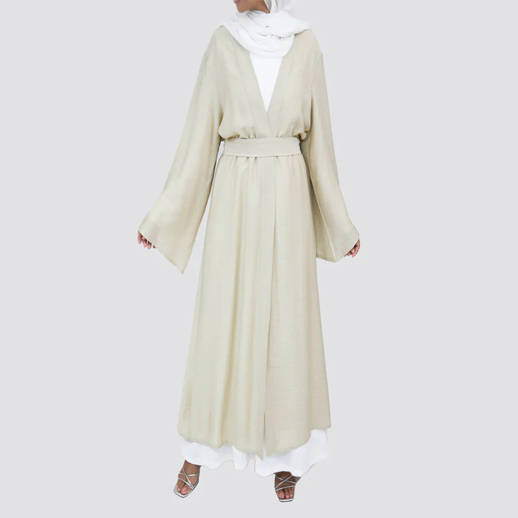 Sunset Kimono Breeze in printed plasma fabric with vibrant hues—lightweight and modest for summer evenings