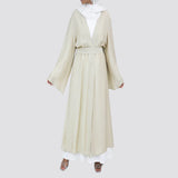 Sunset Kimono Breeze in printed plasma fabric with vibrant hues—lightweight and modest for summer evenings