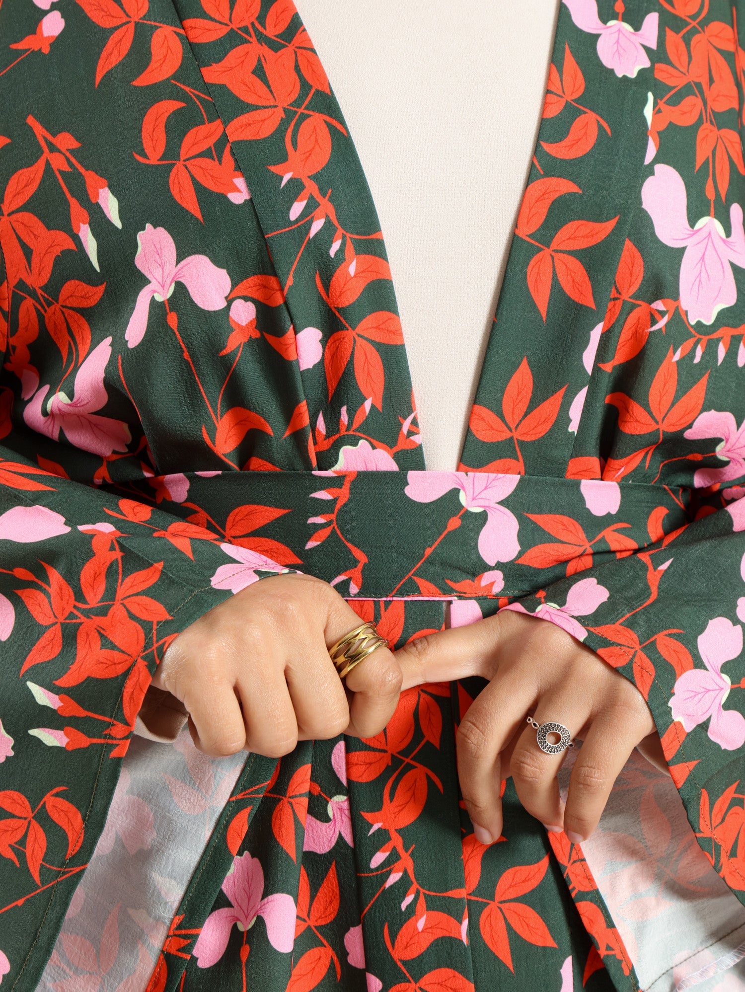 Sunset Kimono Breeze in printed plasma fabric with vibrant hues—lightweight and modest for summer evenings