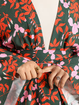 Sunset Kimono Breeze in printed plasma fabric with vibrant hues—lightweight and modest for summer evenings