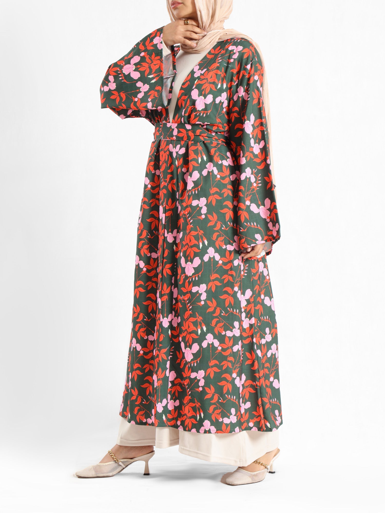 Sunset Kimono Breeze in printed plasma fabric with vibrant hues—lightweight and modest for summer evenings