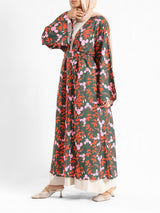 Sunset Kimono Breeze in printed plasma fabric with vibrant hues—lightweight and modest for summer evenings