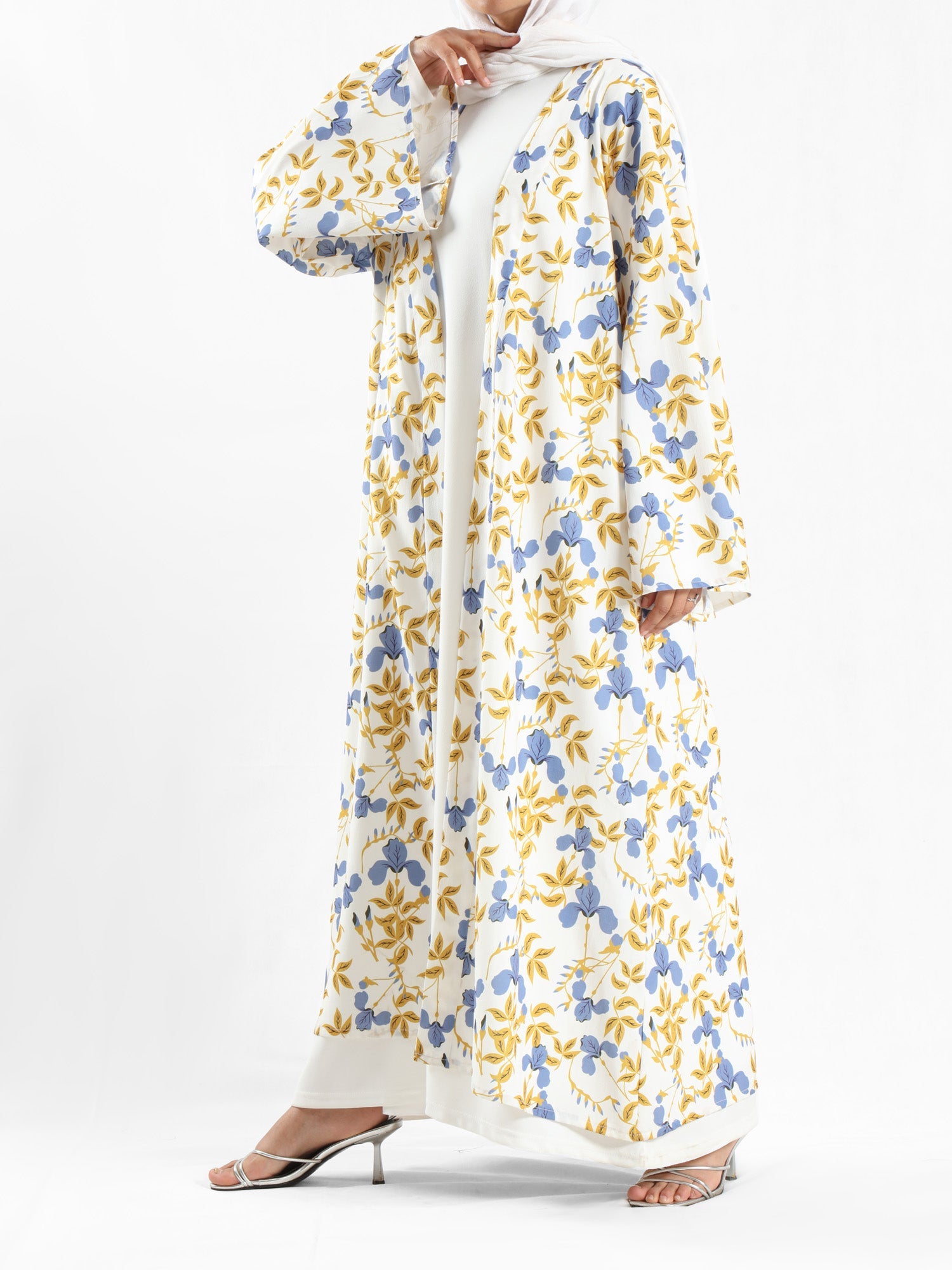 Sunset Kimono Breeze in printed plasma fabric with vibrant hues—lightweight and modest for summer evenings