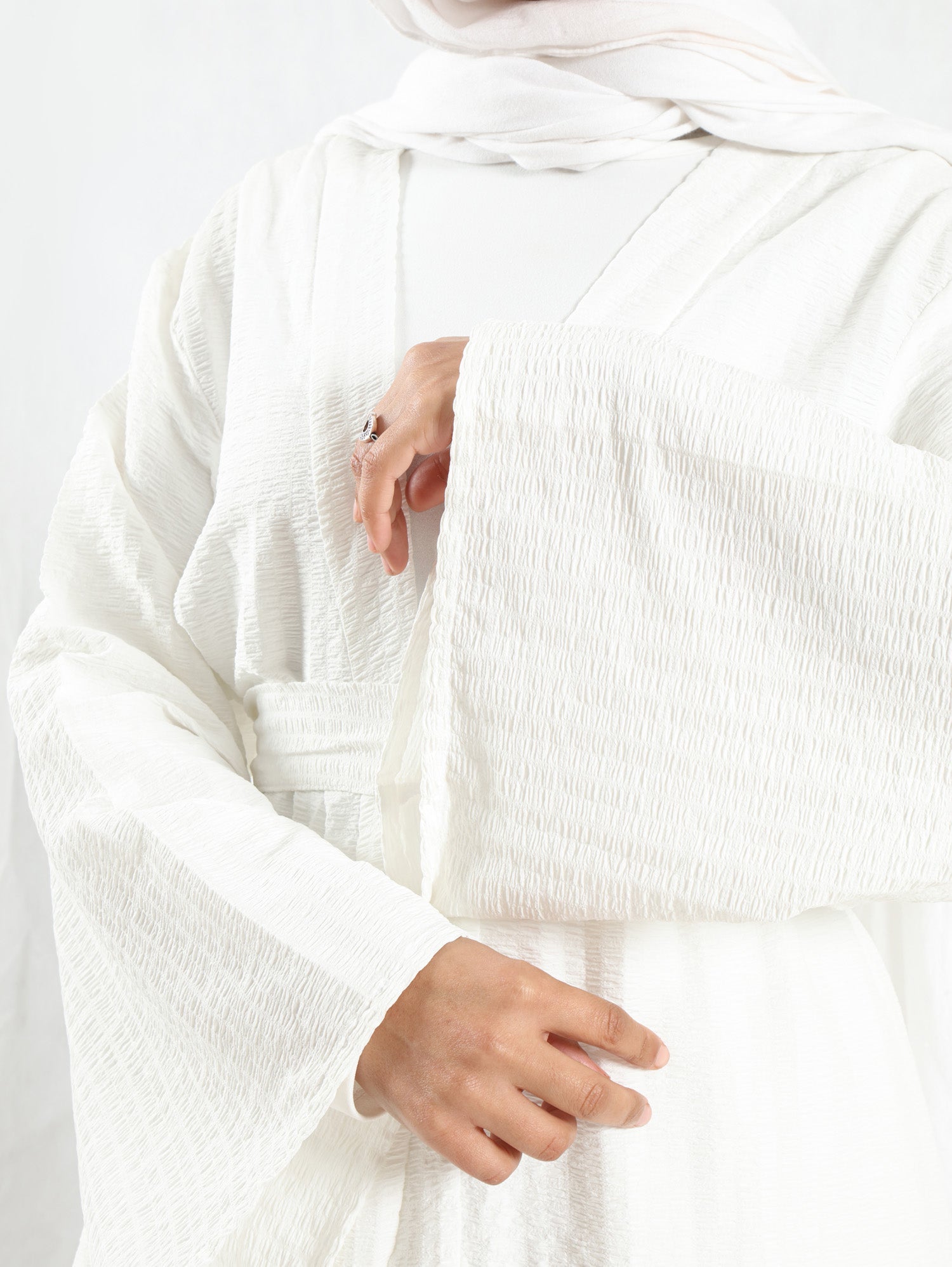 Sunset Kimono Breeze in printed plasma fabric with vibrant hues—lightweight and modest for summer evenings