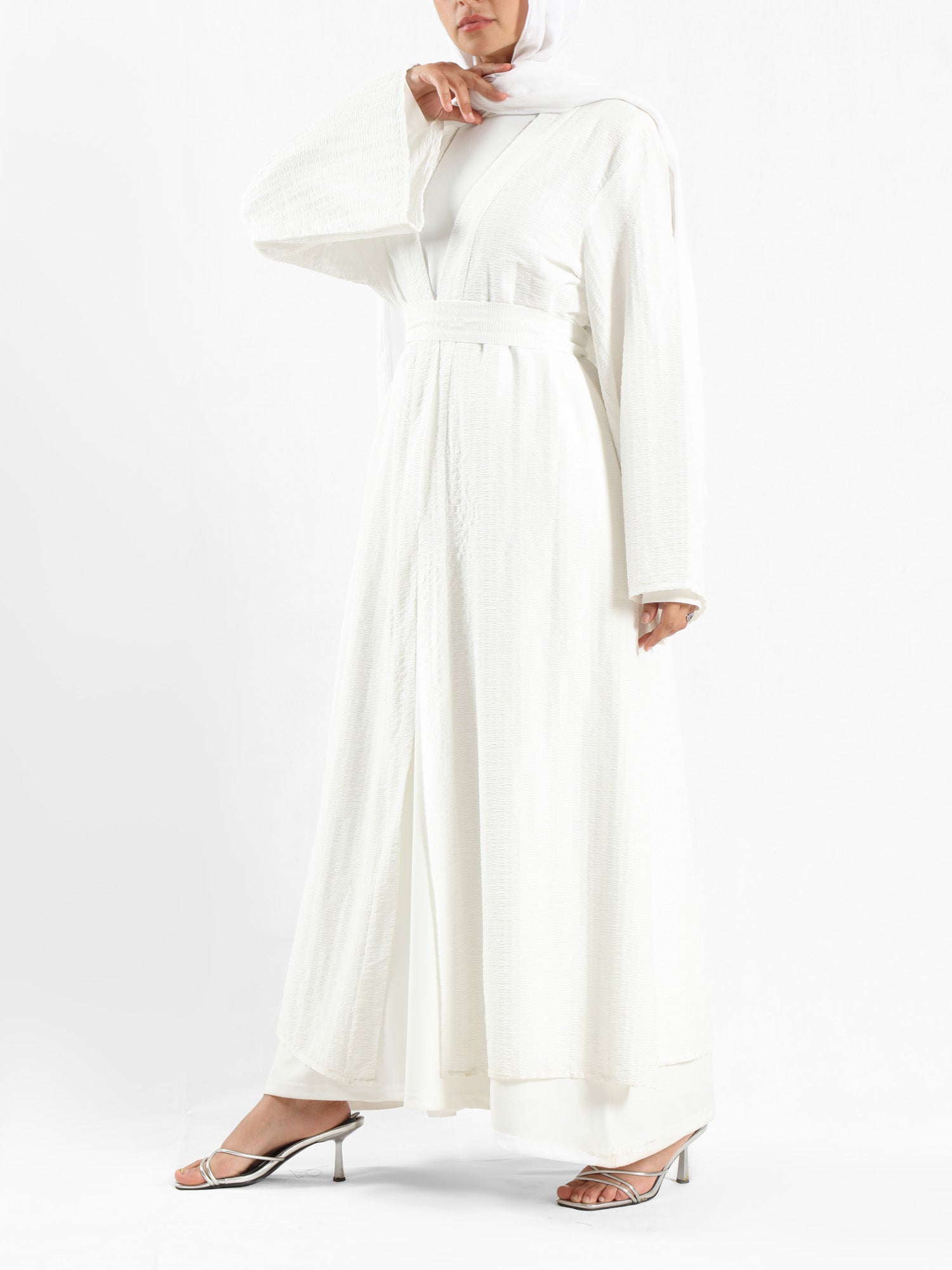 Sunset Kimono Breeze in printed plasma fabric with vibrant hues—lightweight and modest for summer evenings