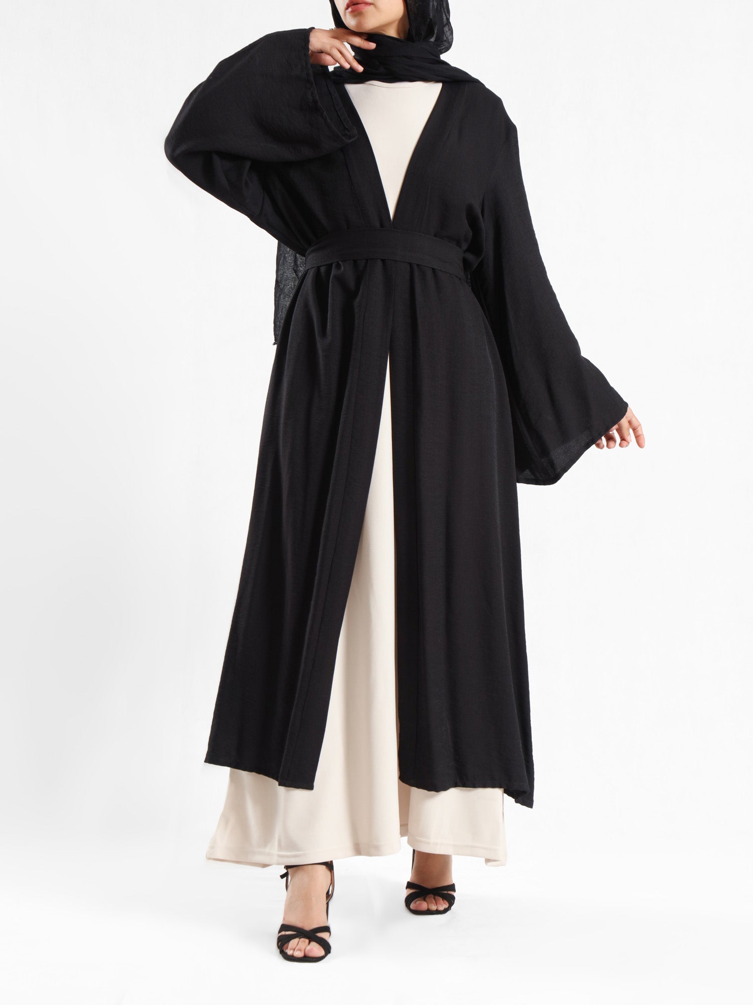 Sunset Kimono Breeze in printed plasma fabric with vibrant hues—lightweight and modest for summer evenings