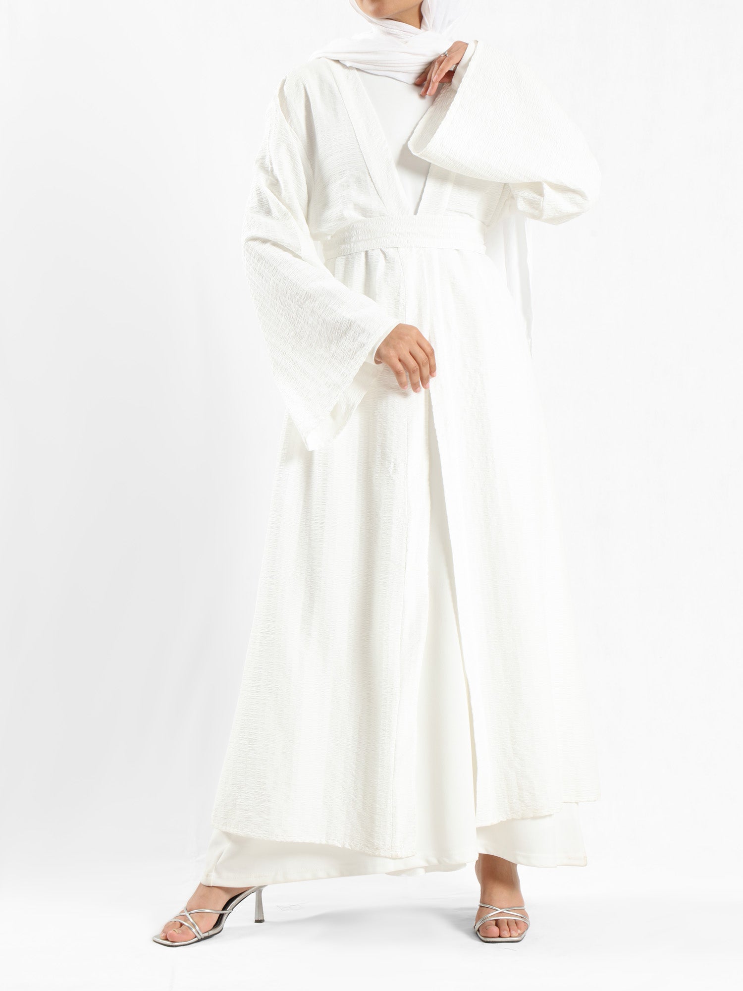 Sunset Kimono Breeze in printed plasma fabric with vibrant hues—lightweight and modest for summer evenings