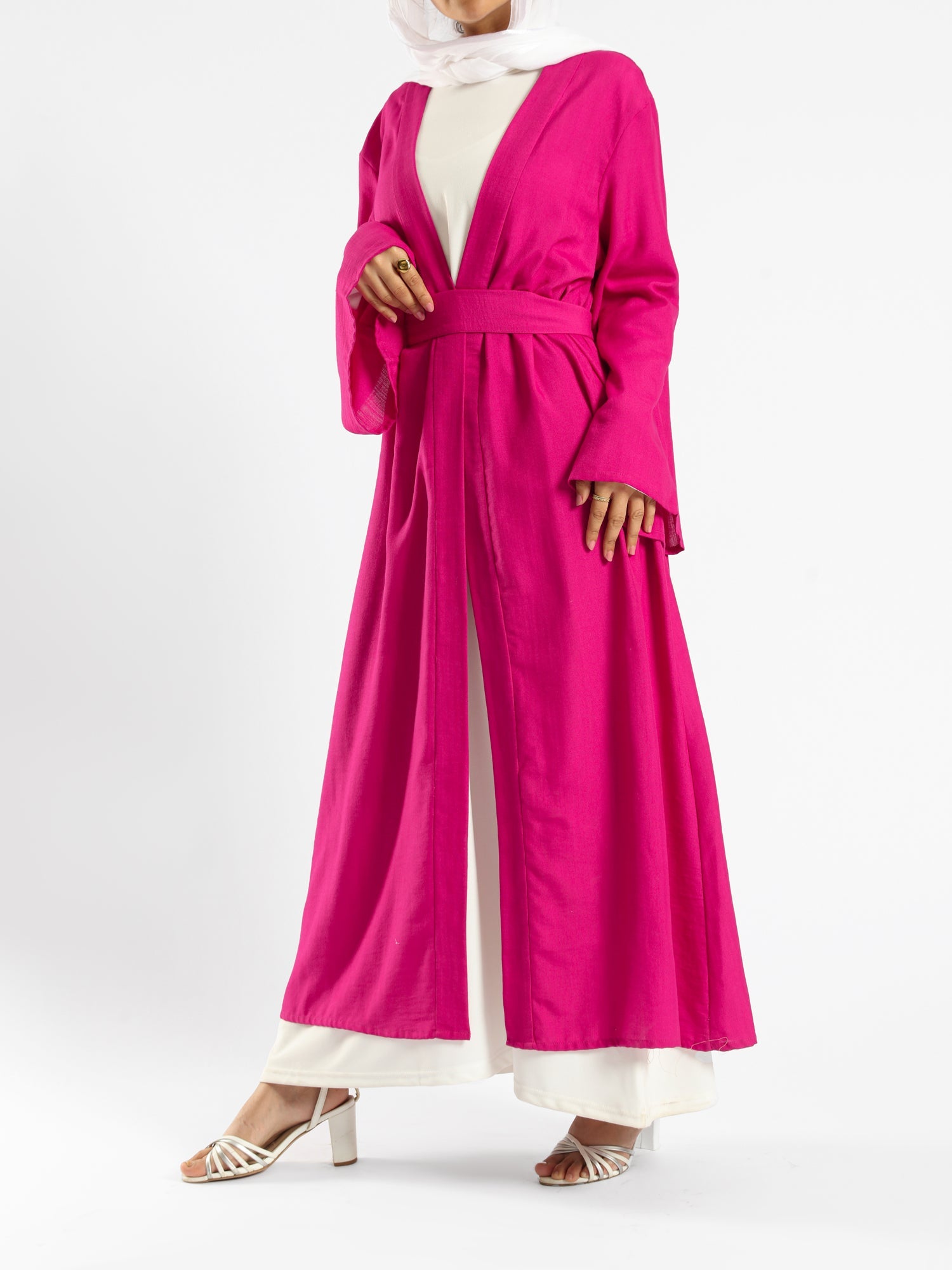 Sunset Kimono Breeze in printed plasma fabric with vibrant hues—lightweight and modest for summer evenings