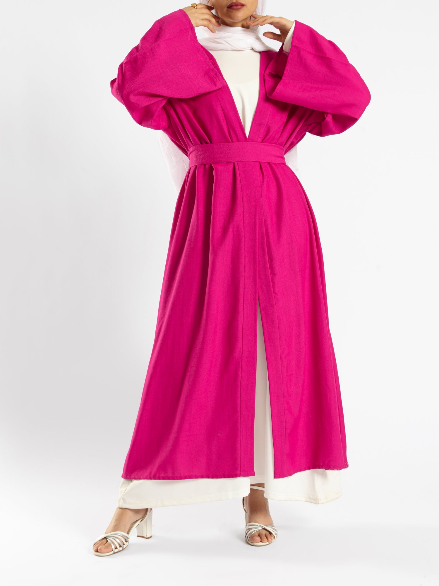 Sunset Kimono Breeze in printed plasma fabric with vibrant hues—lightweight and modest for summer evenings