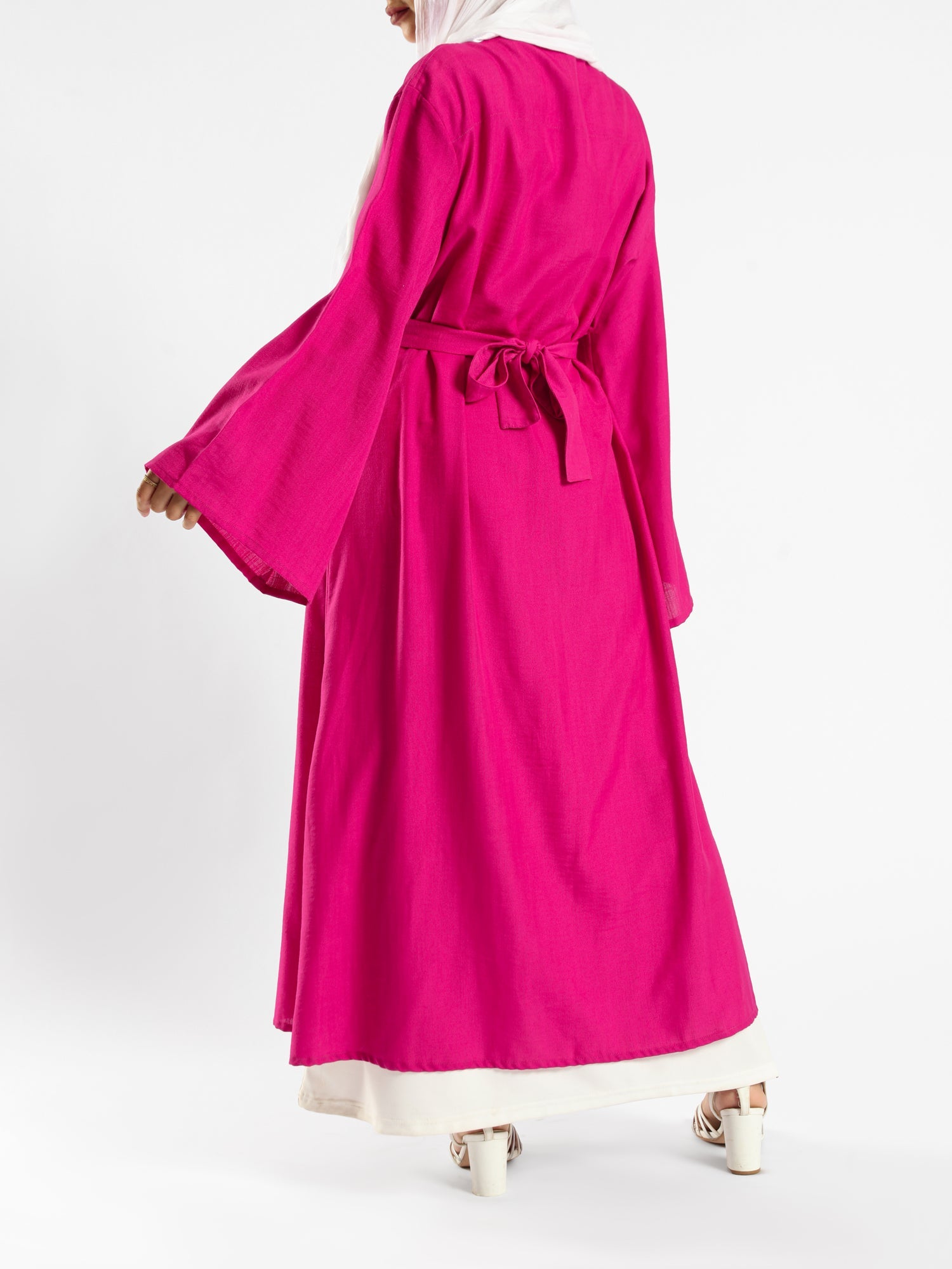 Sunset Kimono Breeze in printed plasma fabric with vibrant hues—lightweight and modest for summer evenings