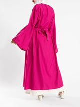 Sunset Kimono Breeze in printed plasma fabric with vibrant hues—lightweight and modest for summer evenings