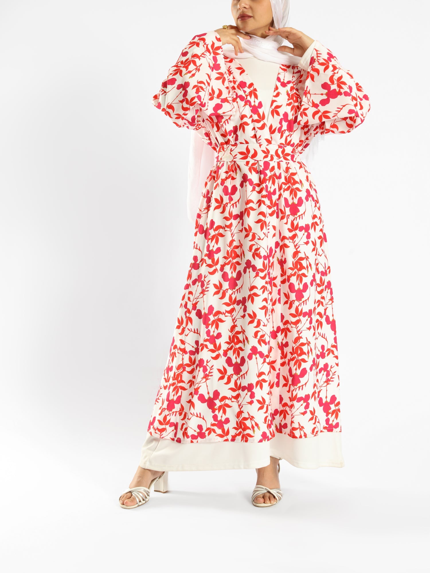 Sunset Kimono Breeze in printed plasma fabric with vibrant hues—lightweight and modest for summer evenings