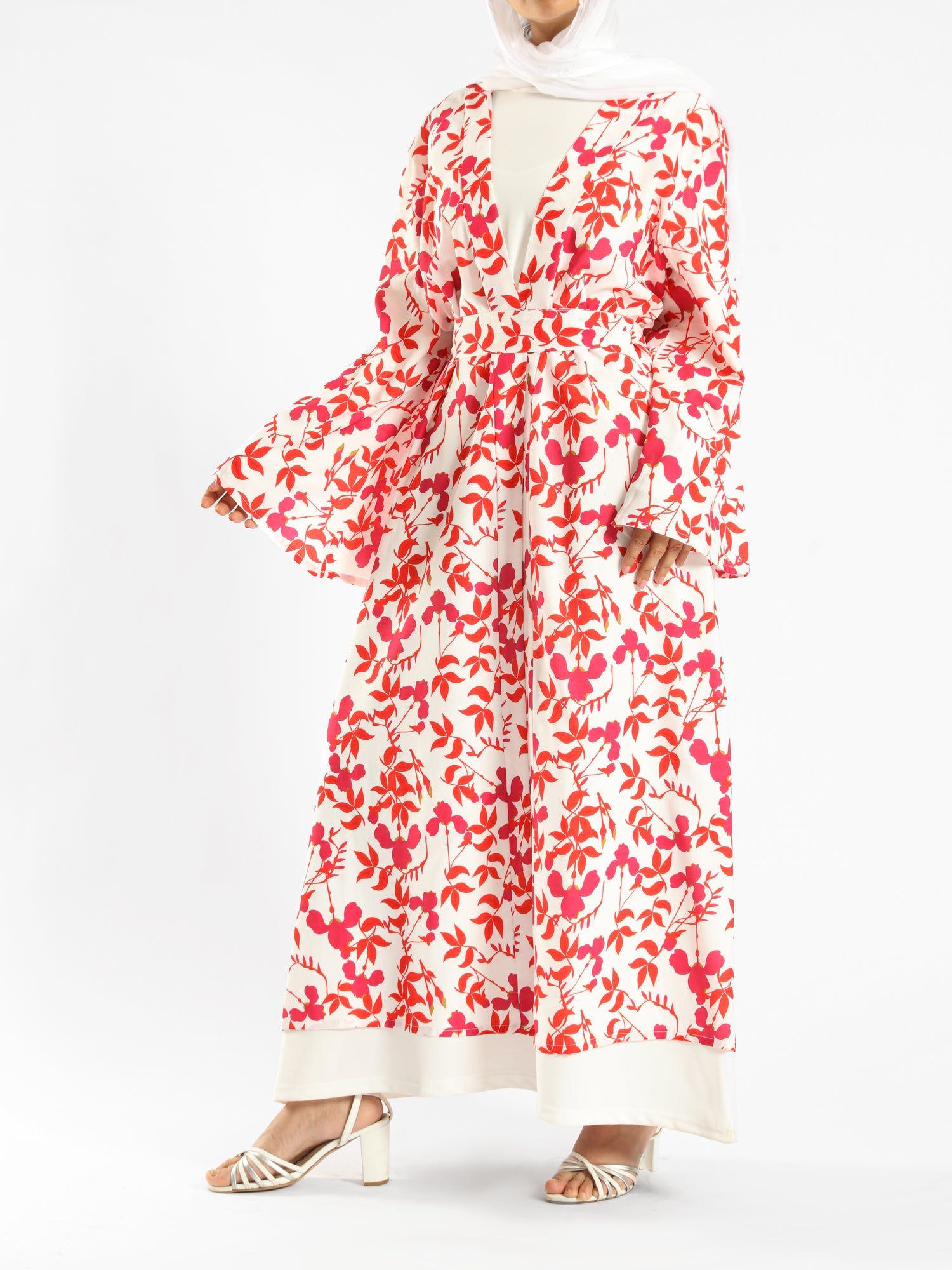 Sunset Kimono Breeze in printed plasma fabric with vibrant hues—lightweight and modest for summer evenings