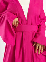 Sunset Kimono Breeze in printed plasma fabric with vibrant hues—lightweight and modest for summer evenings