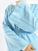 Sunset Kimono Breeze in printed plasma fabric with vibrant hues—lightweight and modest for summer evenings