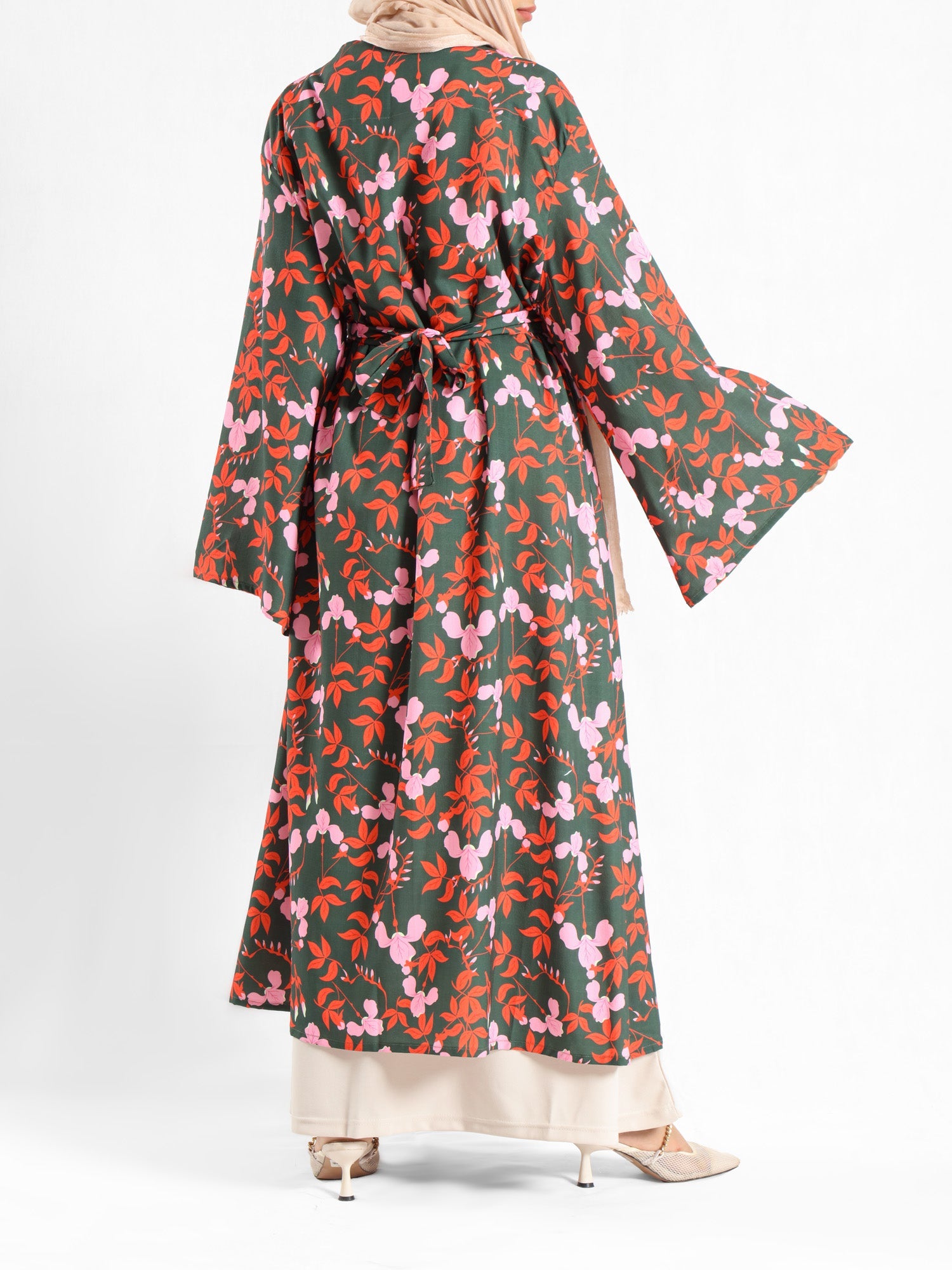 Sunset Kimono Breeze in printed plasma fabric with vibrant hues—lightweight and modest for summer evenings