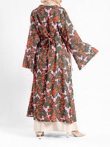 Sunset Kimono Breeze in printed plasma fabric with vibrant hues—lightweight and modest for summer evenings