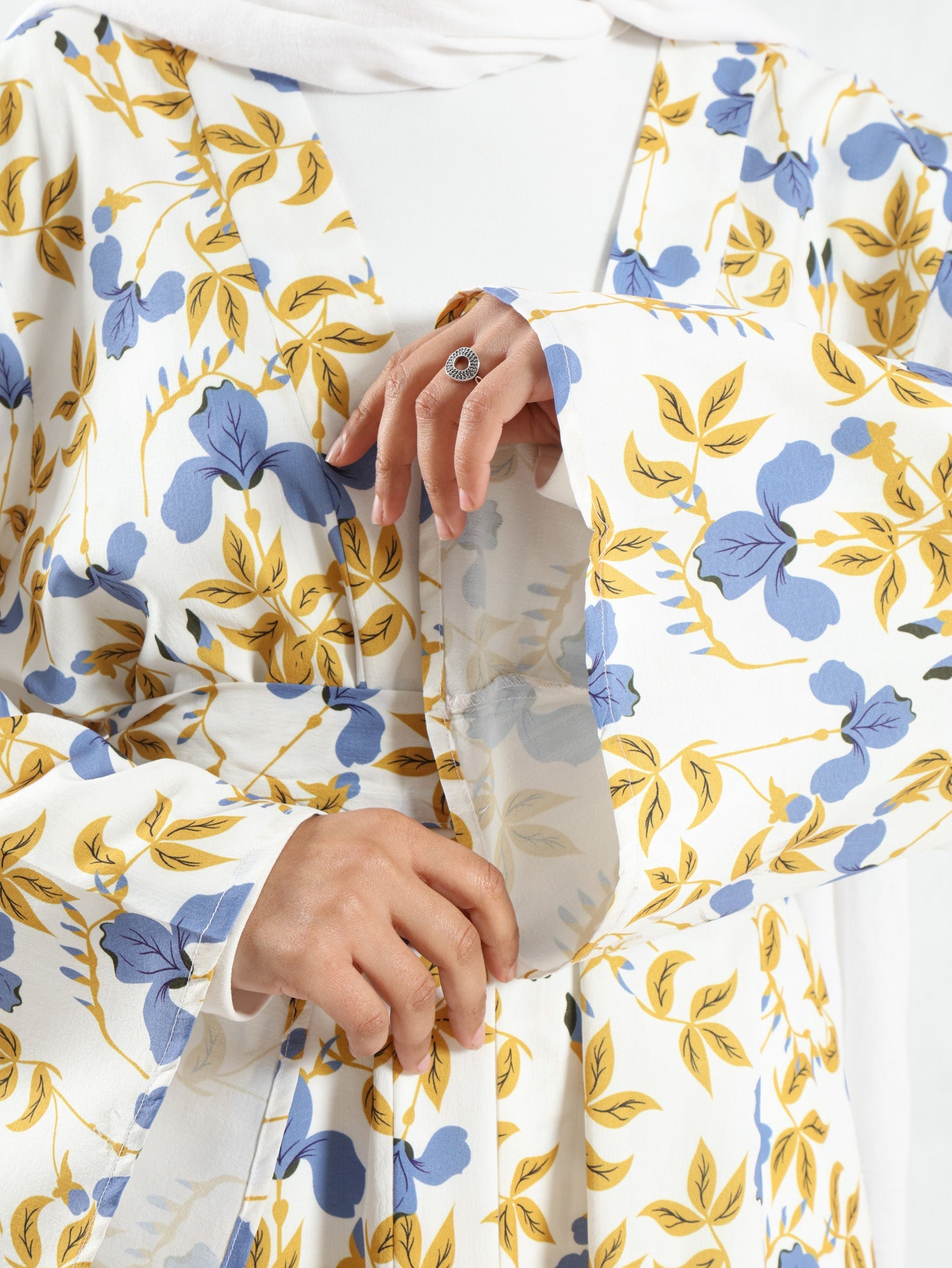 Sunset Kimono Breeze in printed plasma fabric with vibrant hues—lightweight and modest for summer evenings