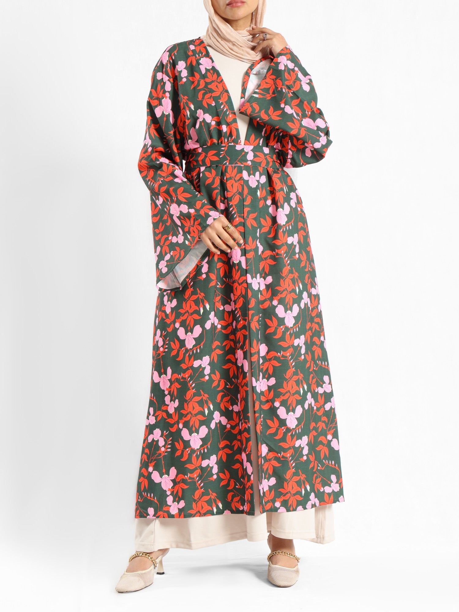 Sunset Kimono Breeze in printed plasma fabric with vibrant hues—lightweight and modest for summer evenings