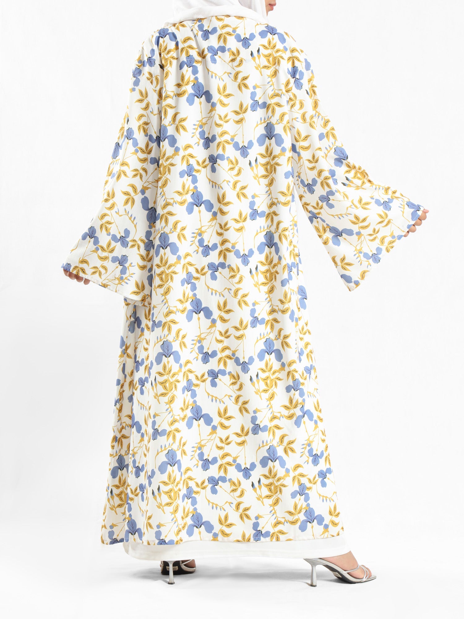 Sunset Kimono Breeze in printed plasma fabric with vibrant hues—lightweight and modest for summer evenings