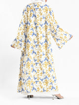 Sunset Kimono Breeze in printed plasma fabric with vibrant hues—lightweight and modest for summer evenings